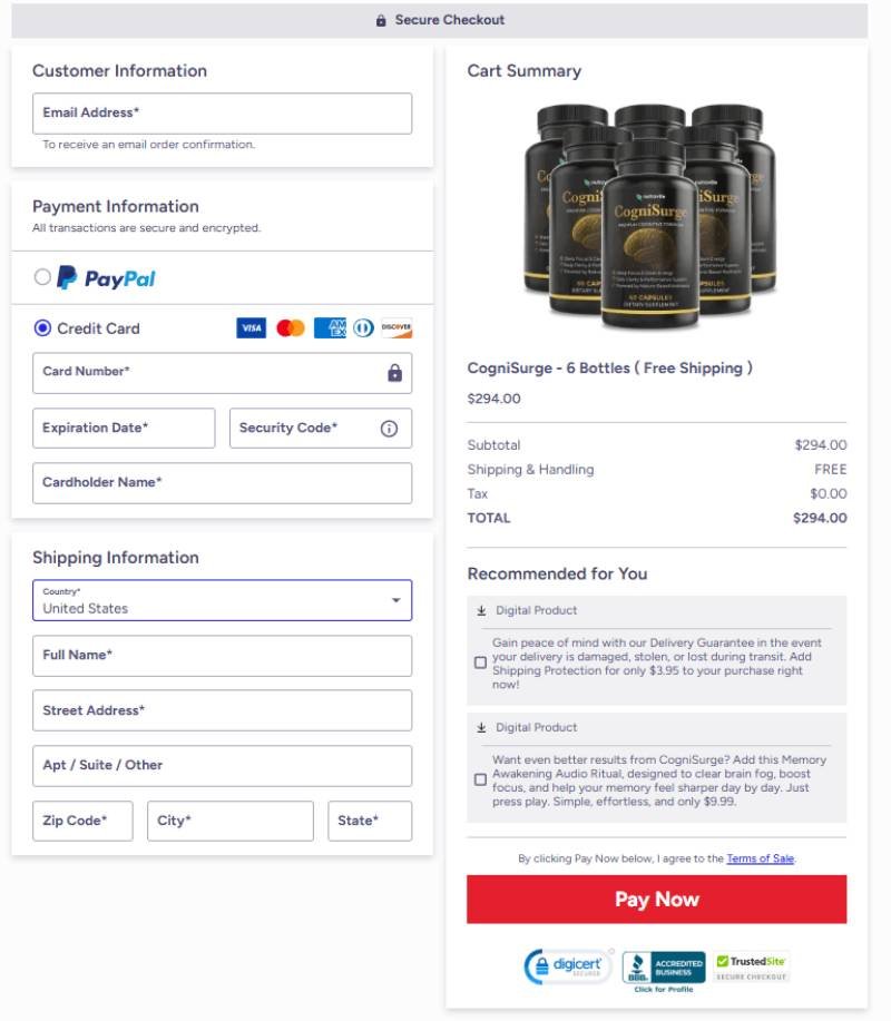 CogniSurge secure order page for memory and focus supplement